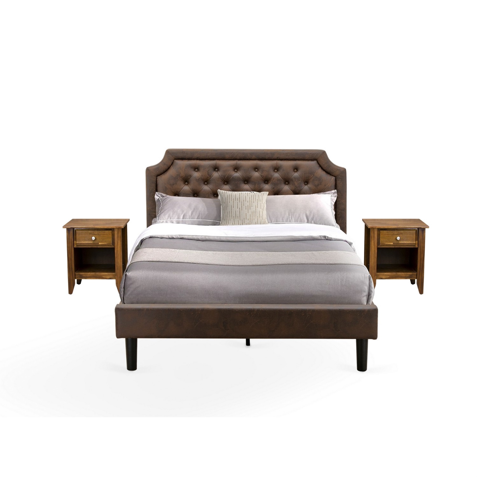East West Furniture GB25Q-2GA08 3-Piece Platform Bed Set with Button Tufted Queen Size Bed and 2 Antique Walnut Night Stands - Dark Brown Faux Lea