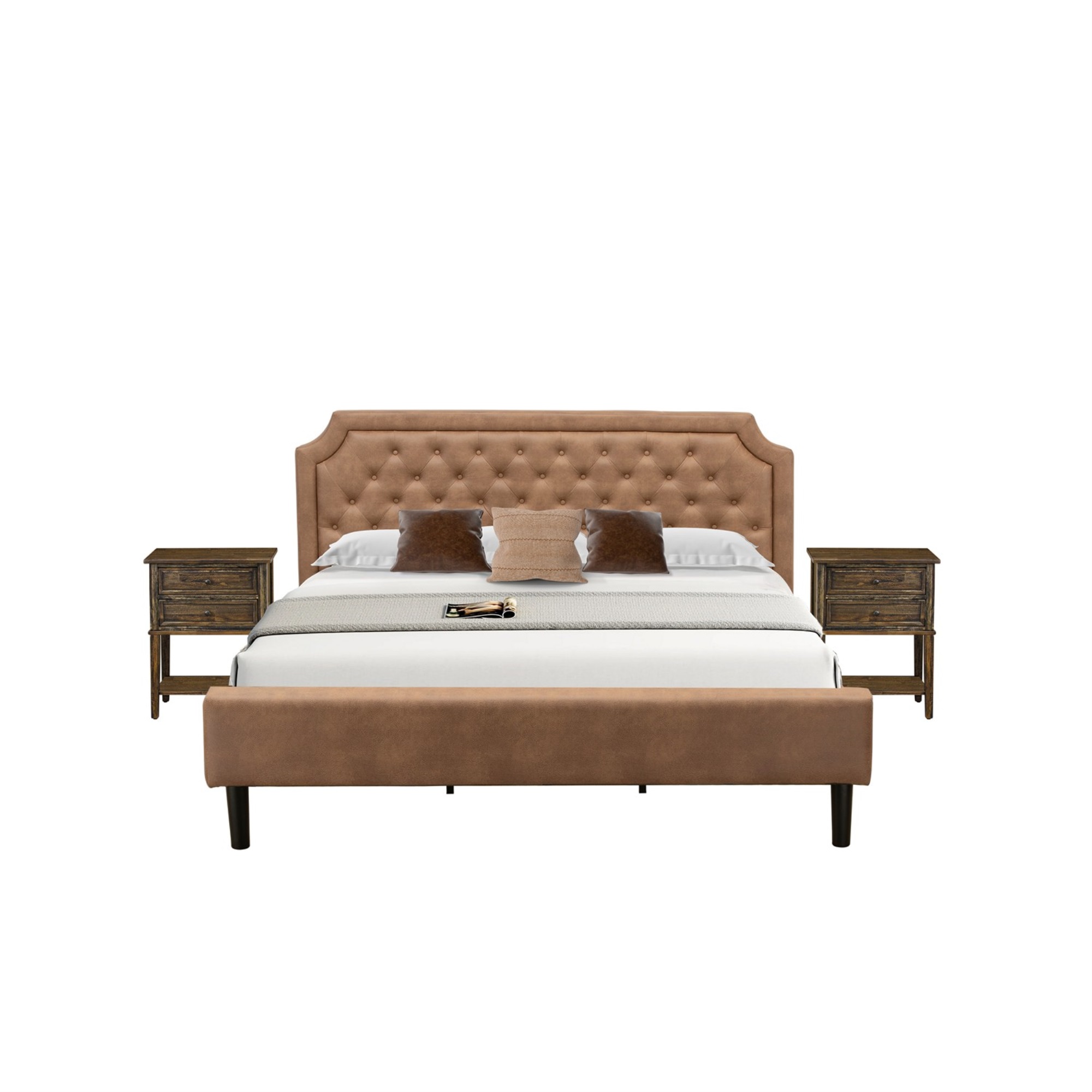 East West Furniture GB28K-2VL07 3-Piece Granbury Bed Set with a King Bedframe and 2 Distressed Jacobean Night Stand - Brown Faux Leather with Brow