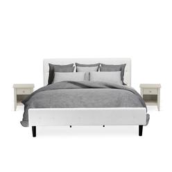 East West Furniture NL19K-2GA0C 3 Piece Modern Bedroom Set - King size Button Tufted Bed - White Velvet Fabric Upholstered Headboard and a Wire Br