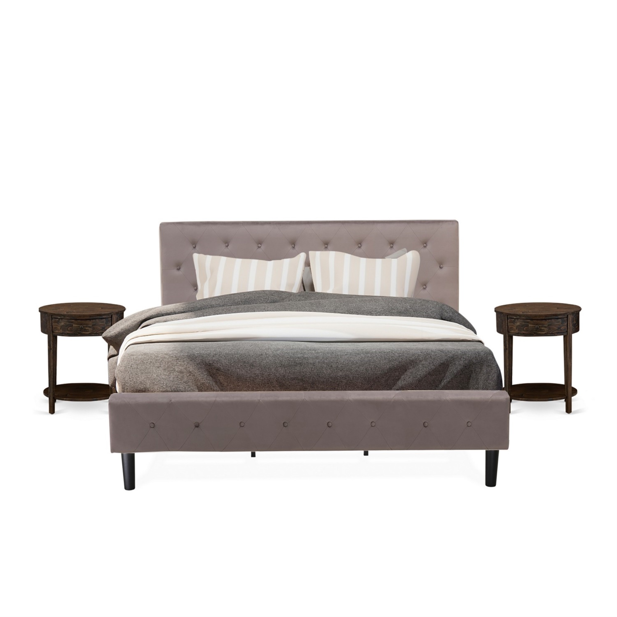 East West Furniture NL14K-2HI07 3 Piece King Bed Set - Button Tufted Modern Bed Frame - Brown Taupe Velvet Fabric Upholstered Headboard and a Dist