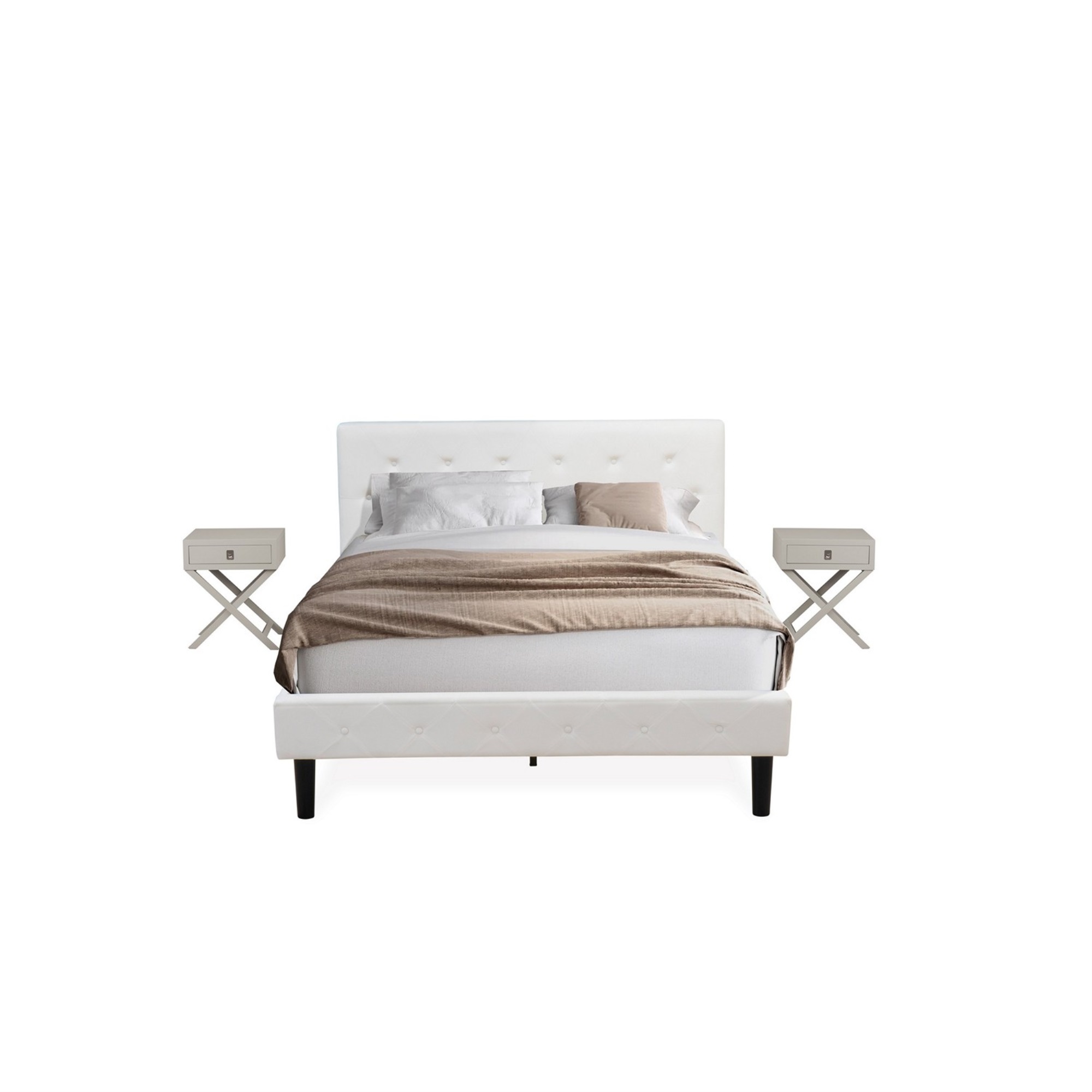 East West Furniture NL19Q-2HA14 3 Piece Bed Set - Button Tufted Queen Size Bed frame - White Velvet Fabric Upholstered Headboard and an Urban Gray