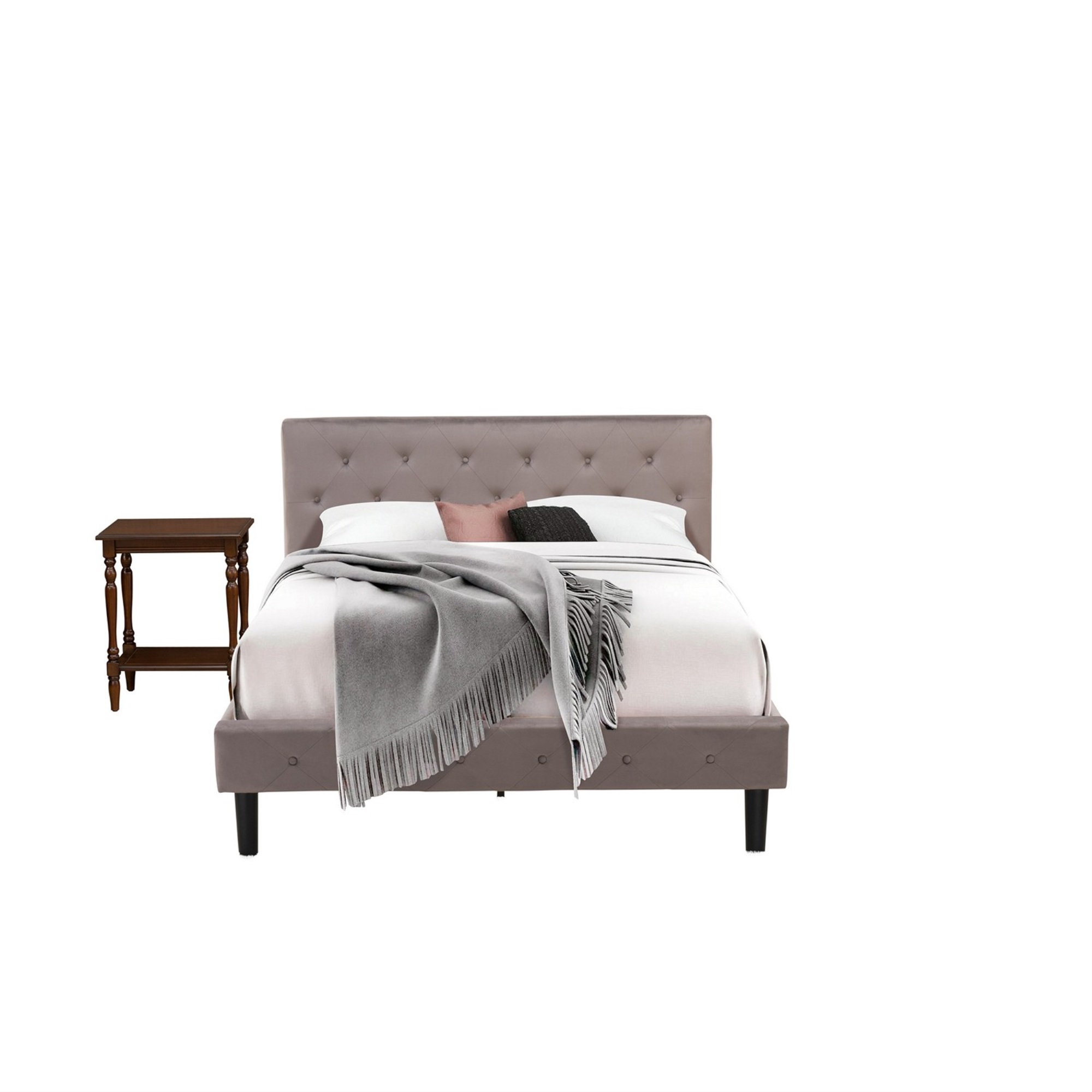 East West Furniture NL14Q-1BF0M 2 Piece Bedroom Set - Queen Size Button tufted Bed - Brown Taupe Velvet Upholstered Headboard and an Antique Mahog