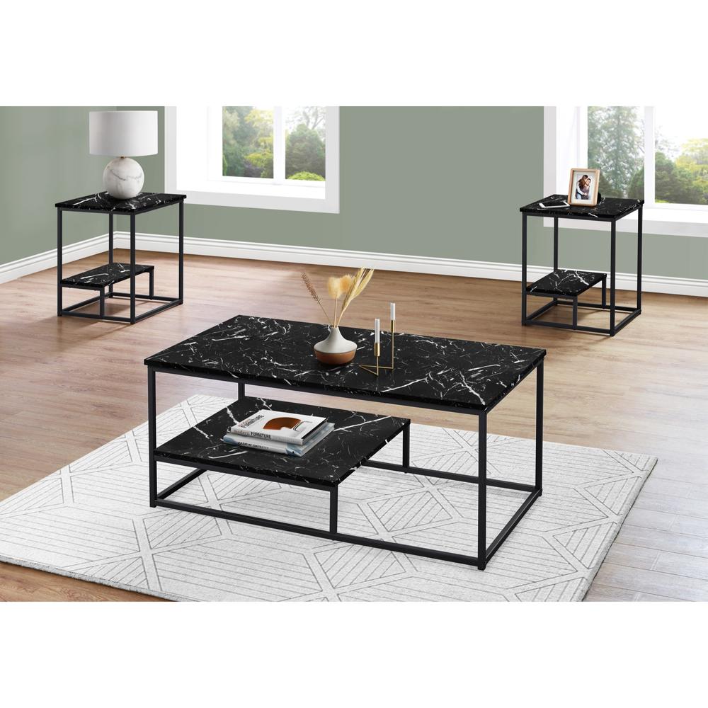 Monarch Specialties Table Set, 3Pcs Set, Coffee, End, Side, Accent, Living Room, Metal, Laminate, Black Marble Look, Contemporary, Modern