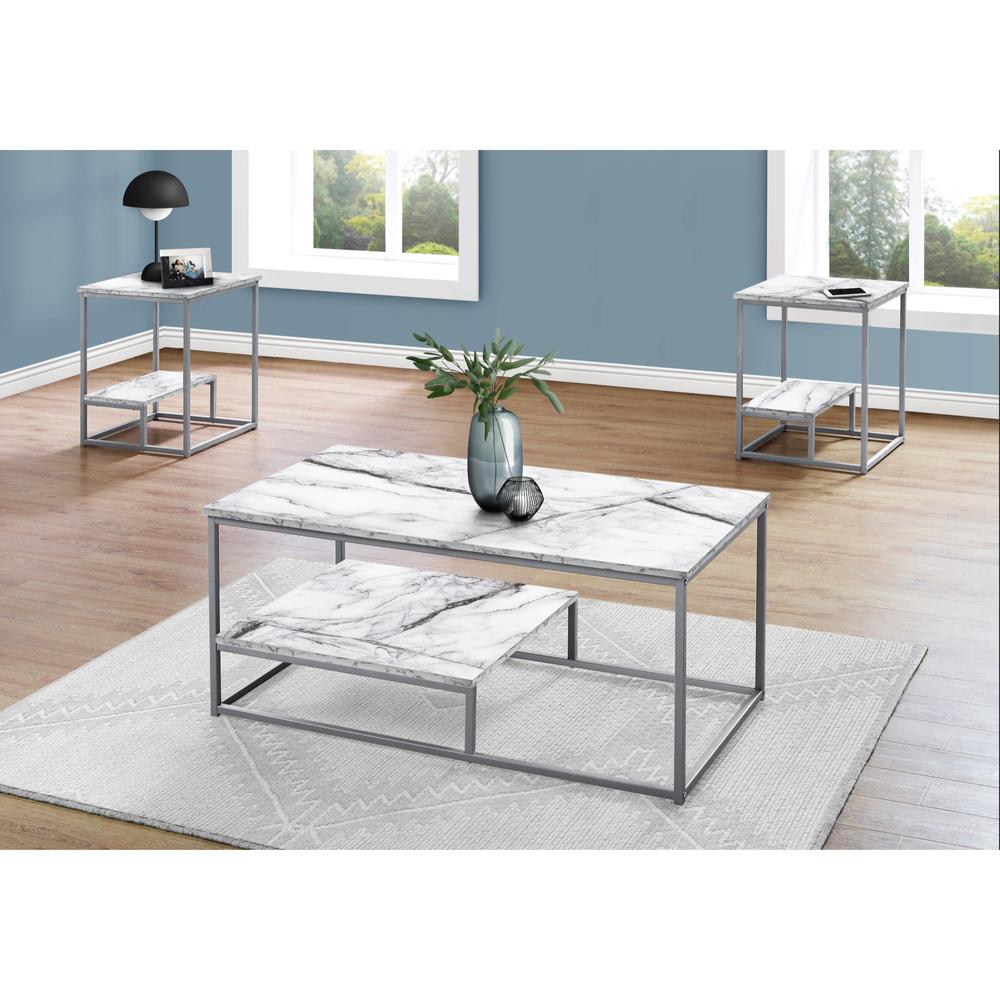 Monarch Specialties Table Set, 3Pcs Set, Coffee, End, Side, Accent, Living Room, Metal, Laminate, White Marble Look, Grey, Contemporary, Modern