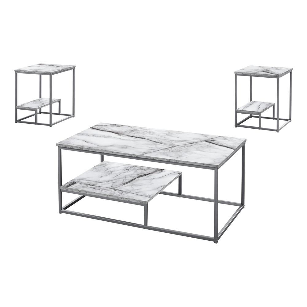 Monarch Specialties Table Set, 3Pcs Set, Coffee, End, Side, Accent, Living Room, Metal, Laminate, White Marble Look, Grey, Contemporary, Modern