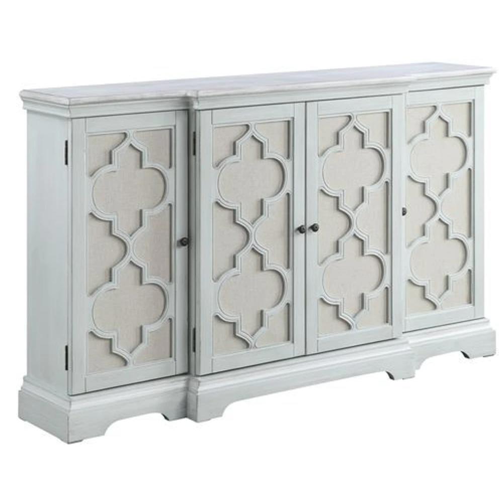 Benjara 60 Inch 4 Door Wood Buffet Cabinet Console Table, Quatrefoil, Antique Blue