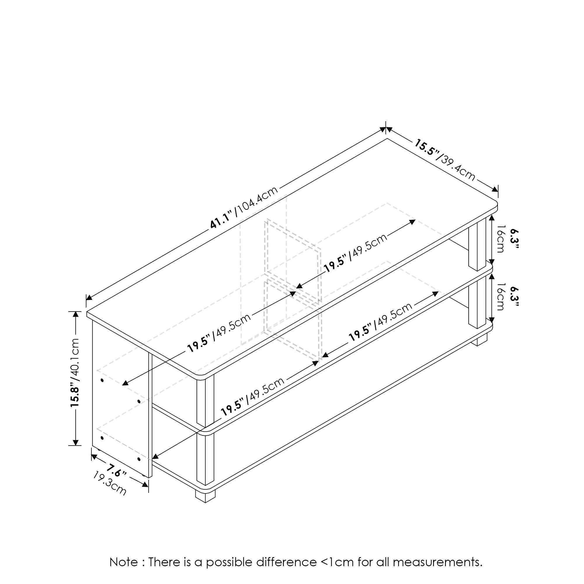 Photo 1 of Furinno Sully 3-Tier TV Stand for TV up to 48, Americano, Stainless Steel Tubes