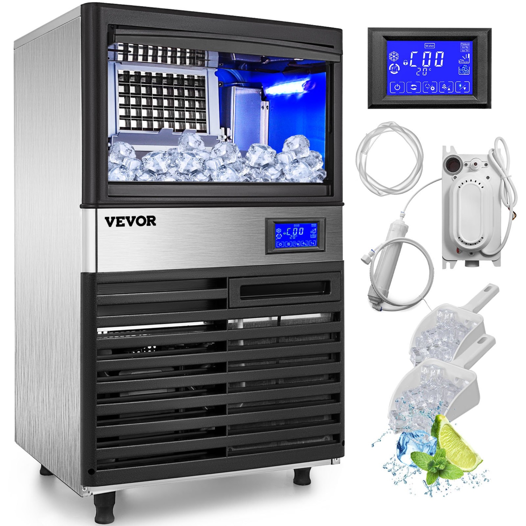 VEVOR 155lbs Ice Cube Maker Machine 70kg Commercial Microcomputer Lcd-control Panel