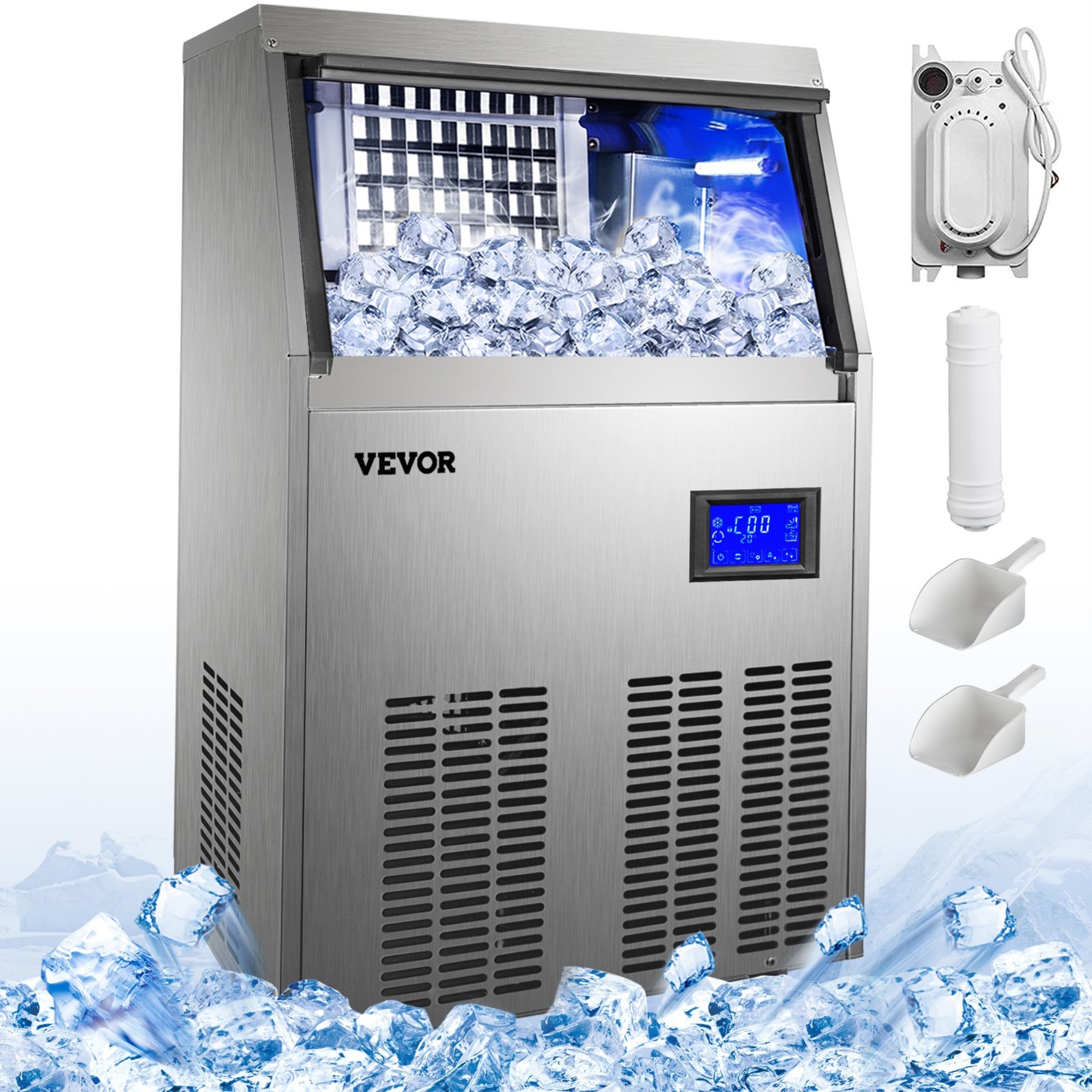 VEVOR 155lbs Commercial Ice Maker Ice Cube Making Machine 70kg Automatic 28lbs Storage