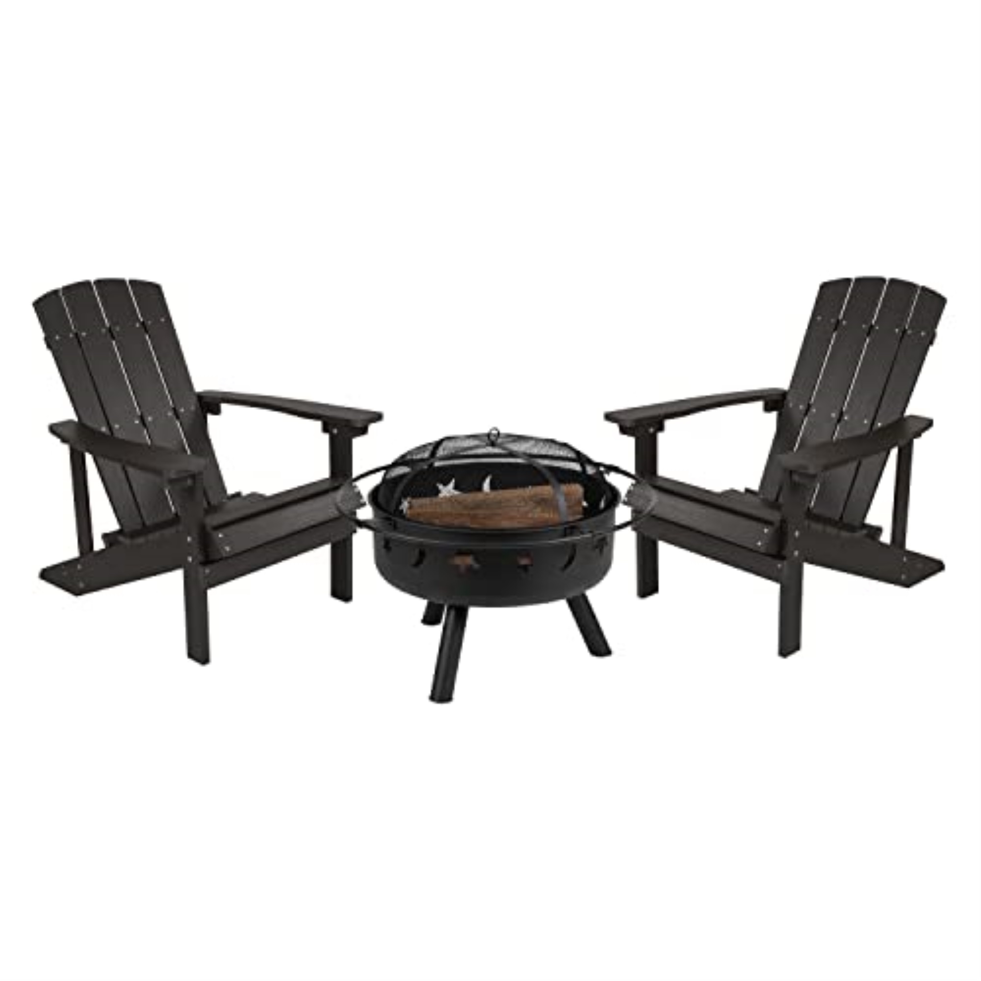 Flash Furniture 3 Piece Charlestown Slate Gray Poly Resin Wood Adirondack Chair Set with Fire Pit - Star and Moon Fire Pit with Mesh Cover