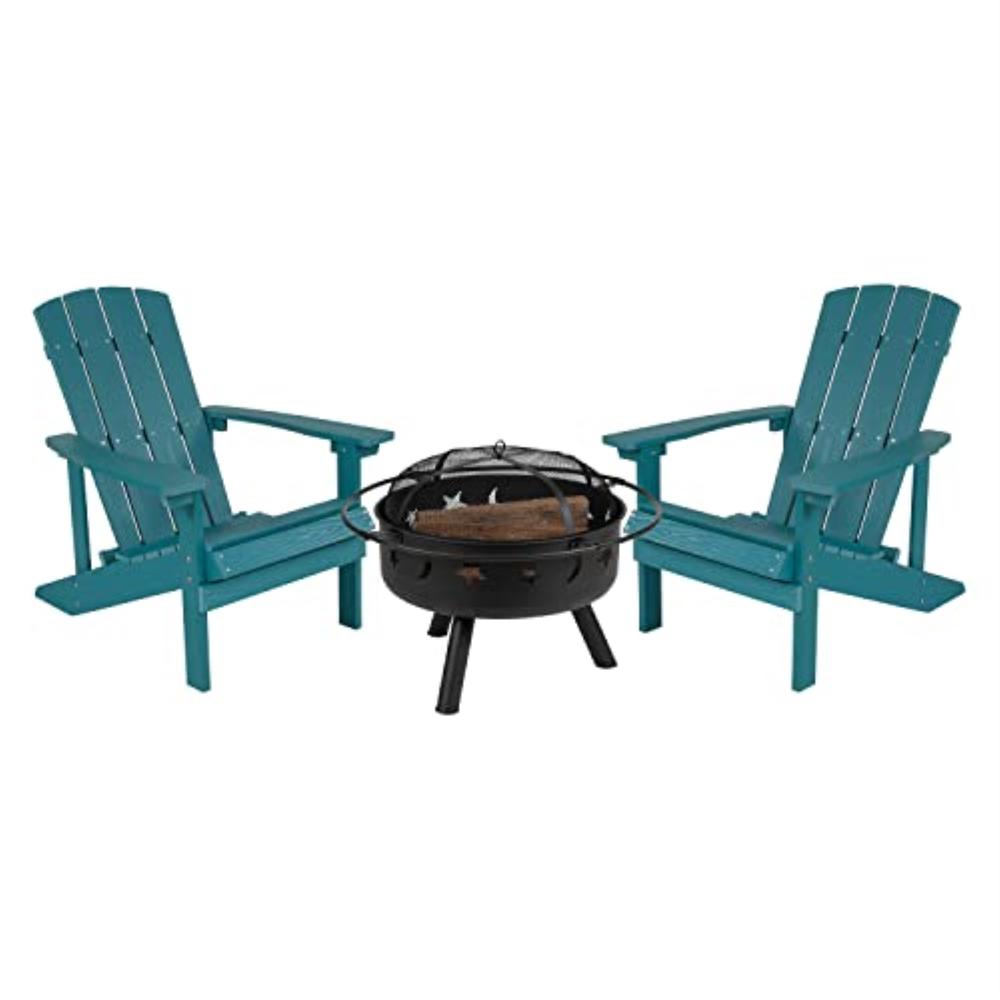 Flash Furniture 3 Piece Charlestown Sea Foam Poly Resin Wood Adirondack Chair Set with Fire Pit - Star and Moon Fire Pit with Mesh Cover
