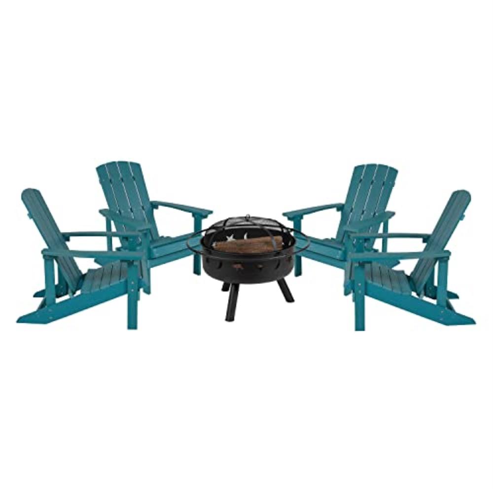 Flash Furniture 5 Piece Charlestown Sea Foam Poly Resin Wood Adirondack Chair Set with Fire Pit - Star and Moon Fire Pit with Mesh Cover