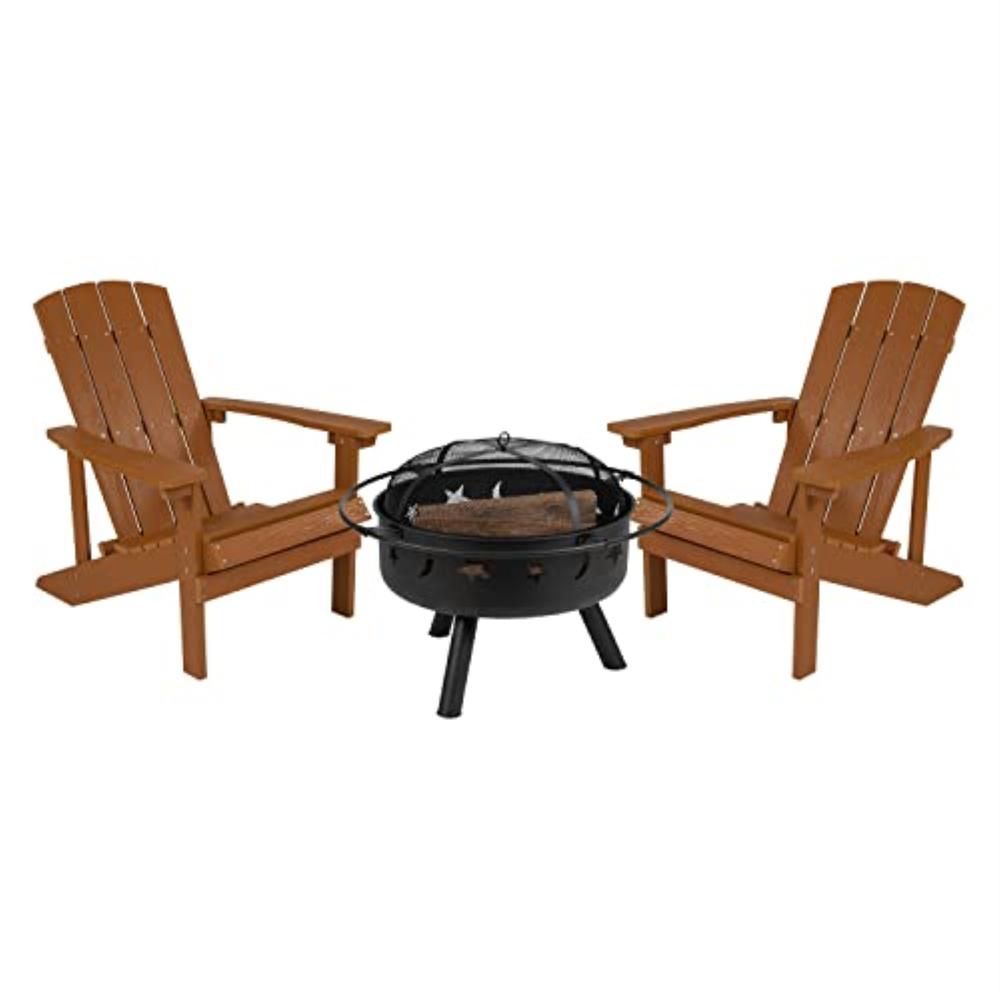Flash Furniture 3 Piece Charlestown Teak Poly Resin Wood Adirondack Chair Set with Fire Pit - Star and Moon Fire Pit with Mesh Cover