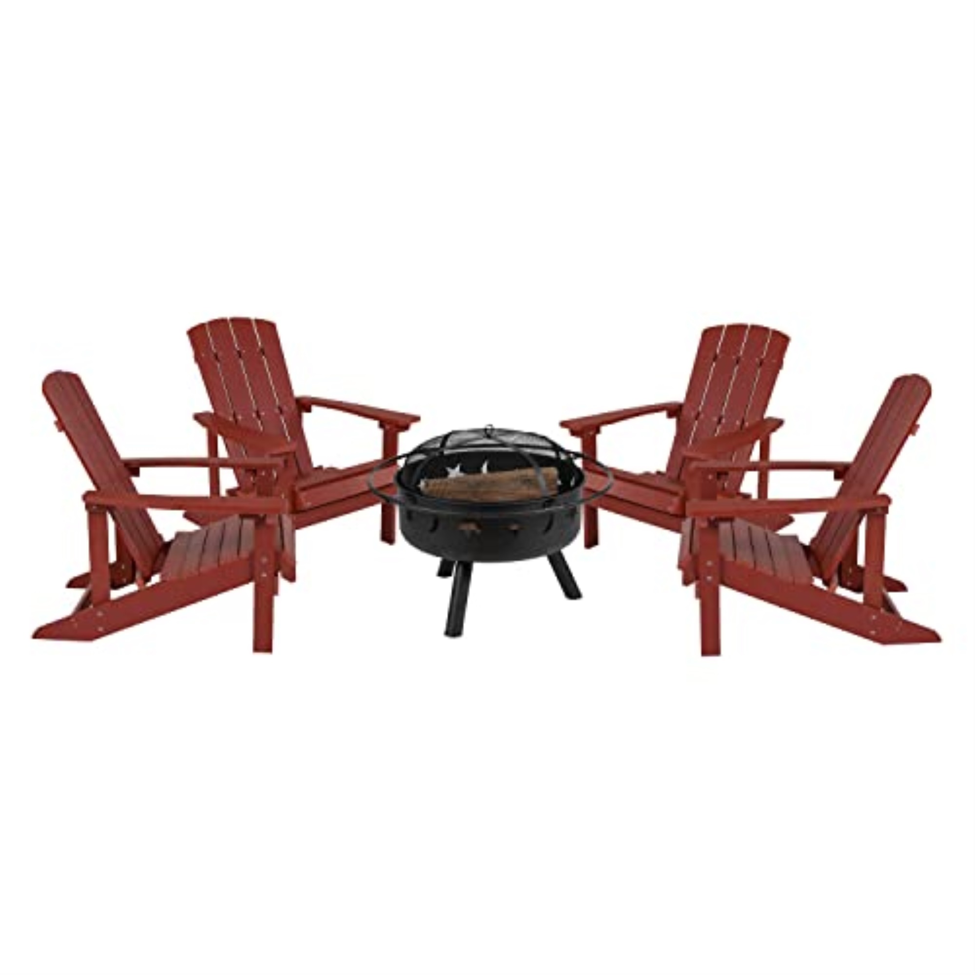 Flash Furniture 5 Piece Charlestown Red Poly Resin Wood Adirondack Chair Set with Fire Pit - Star and Moon Fire Pit with Mesh Cover