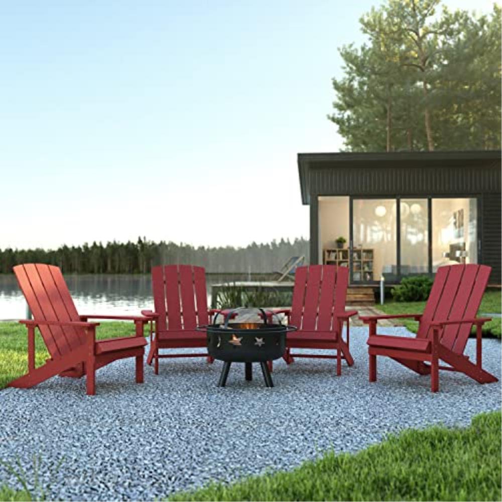 Flash Furniture 5 Piece Charlestown Red Poly Resin Wood Adirondack Chair Set with Fire Pit - Star and Moon Fire Pit with Mesh Cover