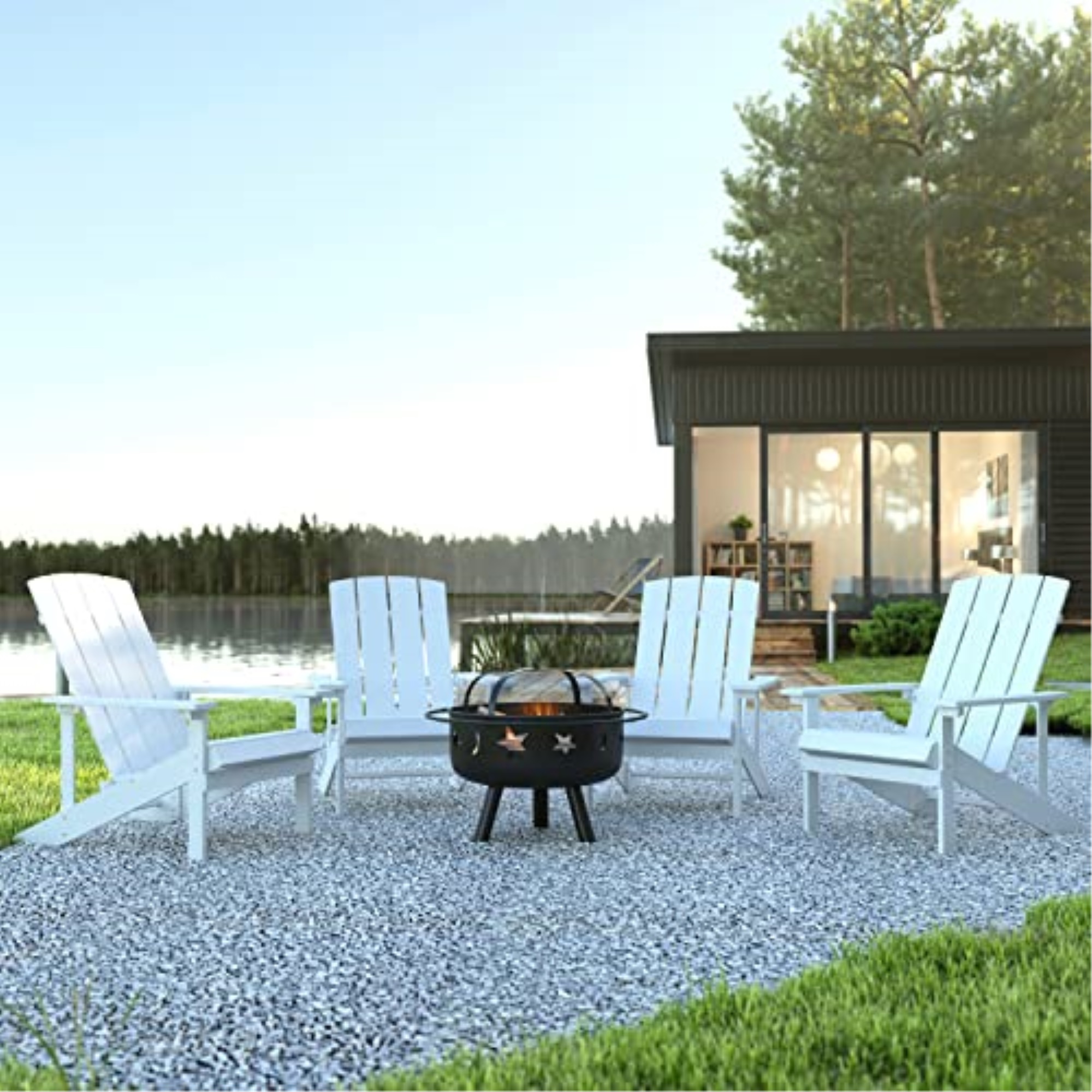 Flash Furniture 5 Piece Charlestown White Poly Resin Wood Adirondack Chair Set with Fire Pit - Star and Moon Fire Pit with Mesh Cover