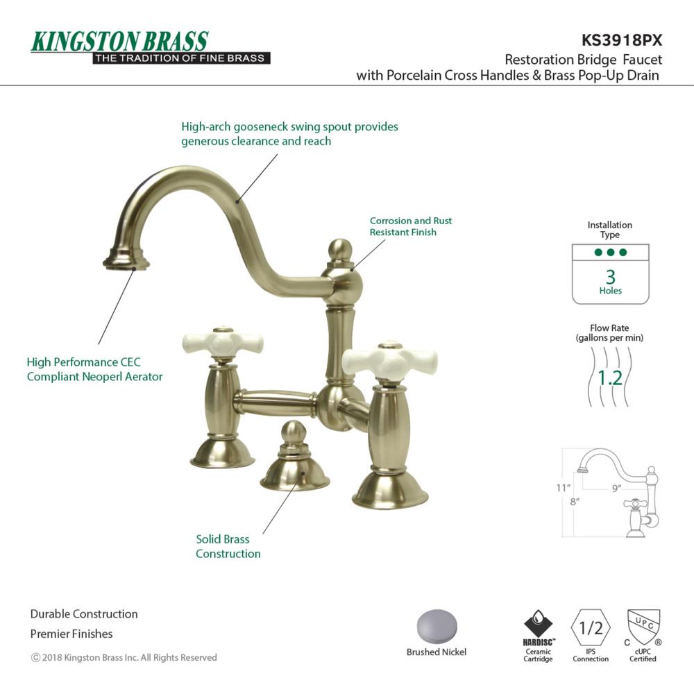 Kingston Brass KS3918PX Restoration Bathroom Bridge Faucet, Brushed Nickel