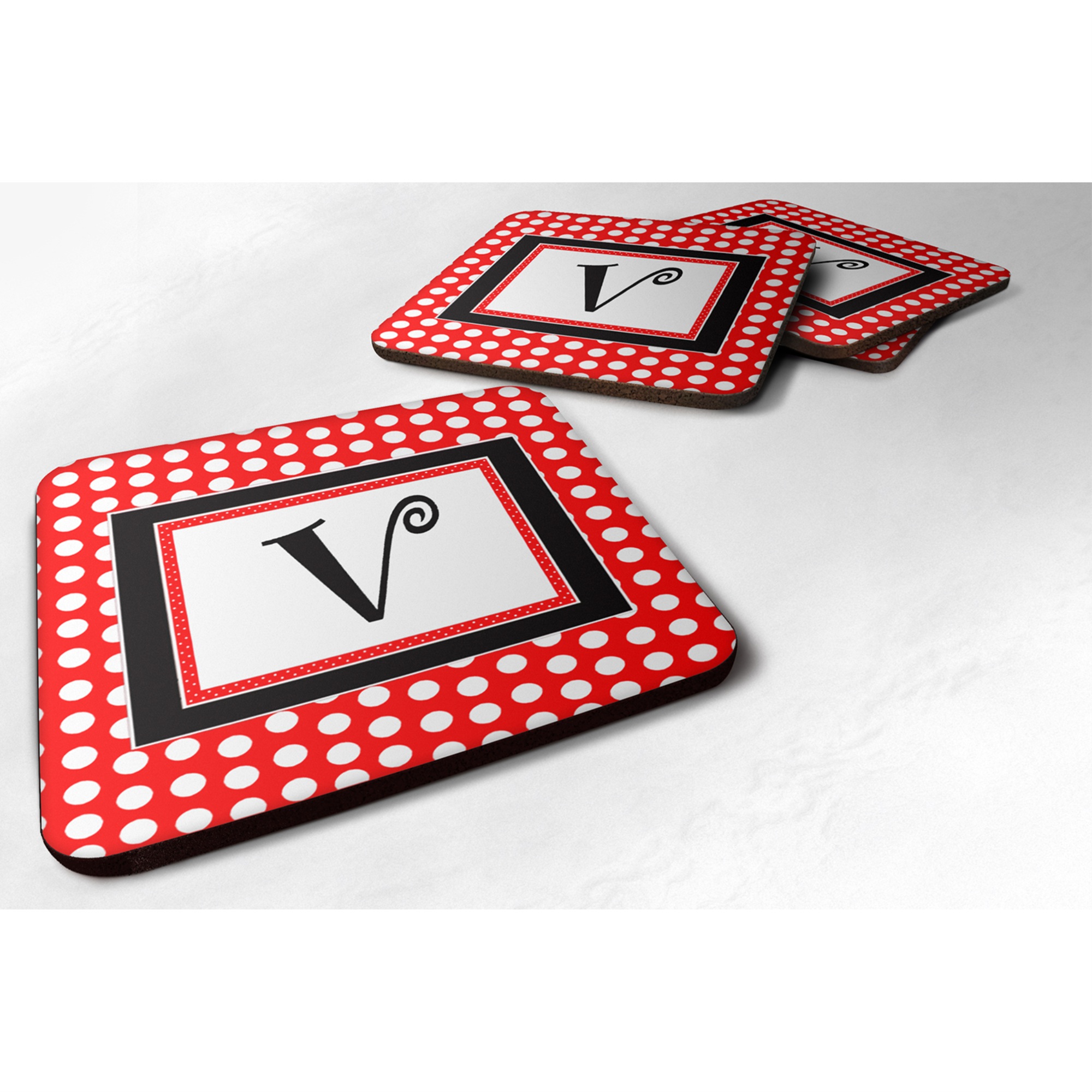 Caroline's Treasures CJ1012-VFC Monogram-Red Black Polka Dots Foam Coasters (Set of 4), Initial Letter V, 3.5"" H x 3.5"" W, Multicolor"