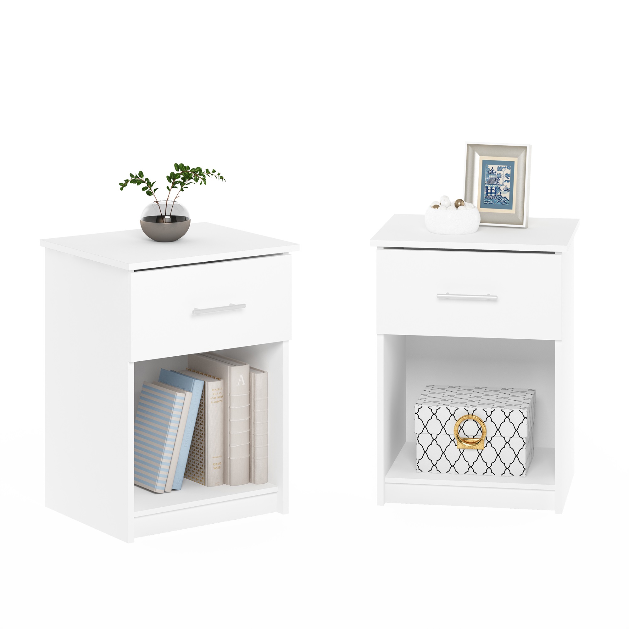 Furinno Tidur Nightstand with Handle with One Drawer, Set of 2, Solid White
