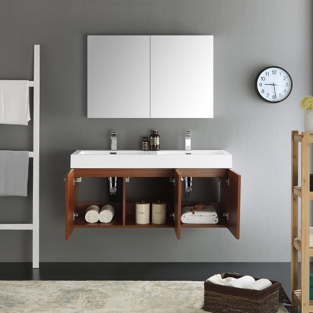 Fresca Vista 48" Teak Wall Hung Double Sink Modern Bathroom Vanity w/ Medicine Cabinet