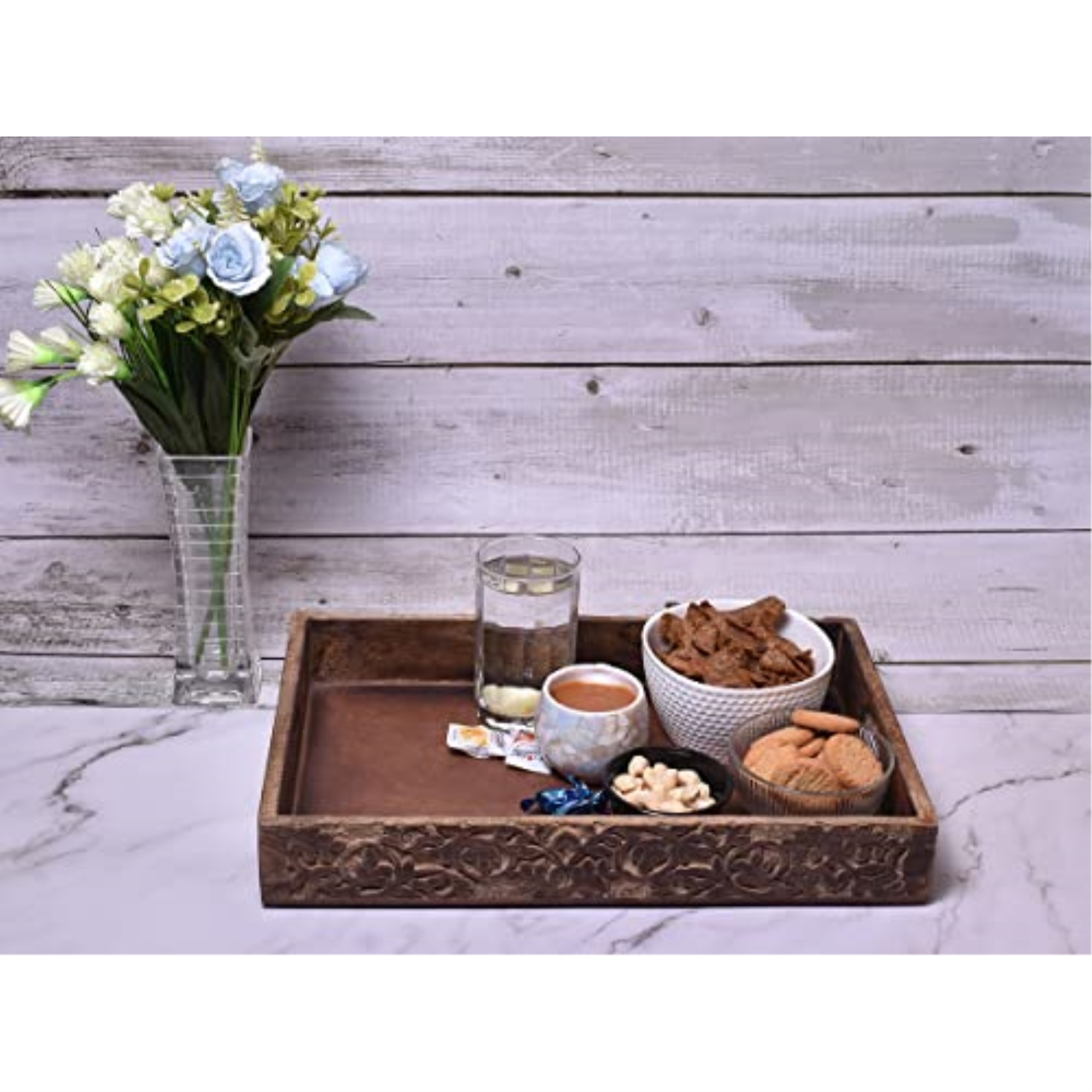 STORE INDYA Hand Carved Wooden Breakfast Serving Tray with Handle for Breakfast Tea Snack Dessert | Kitchen Dining Serve-Ware 