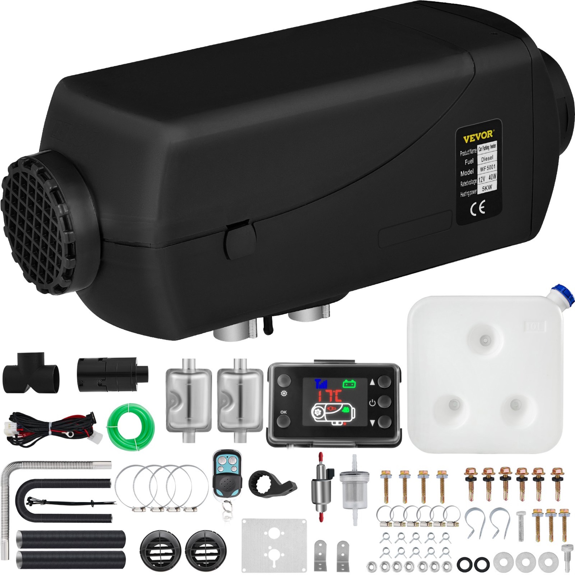 VEVOR 12V 5KW Air Diesel Heater 1 Holes + 2 Silencers LCD Switch For Car Truck Black