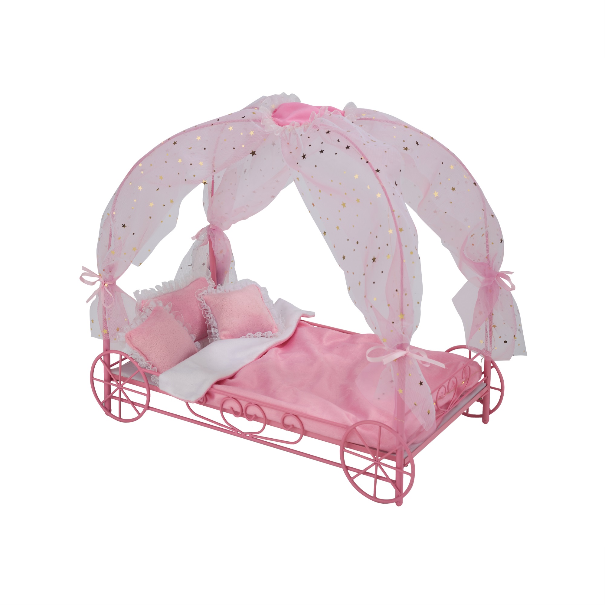 Badger Basket Royal Carriage Metal Doll Bed with Canopy, Bedding and LED Lights - Pink/White/Stars