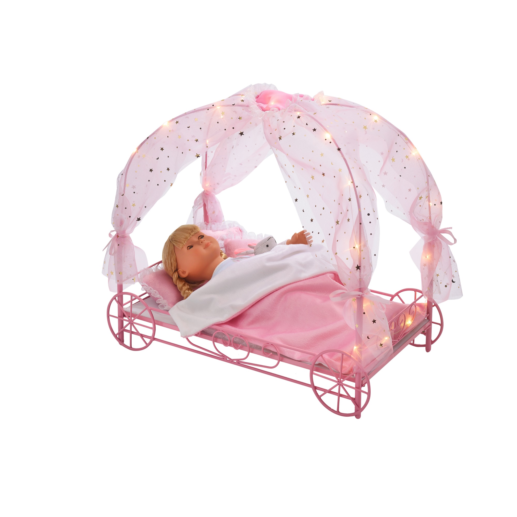 Badger Basket Royal Carriage Metal Doll Bed with Canopy, Bedding and LED Lights - Pink/White/Stars