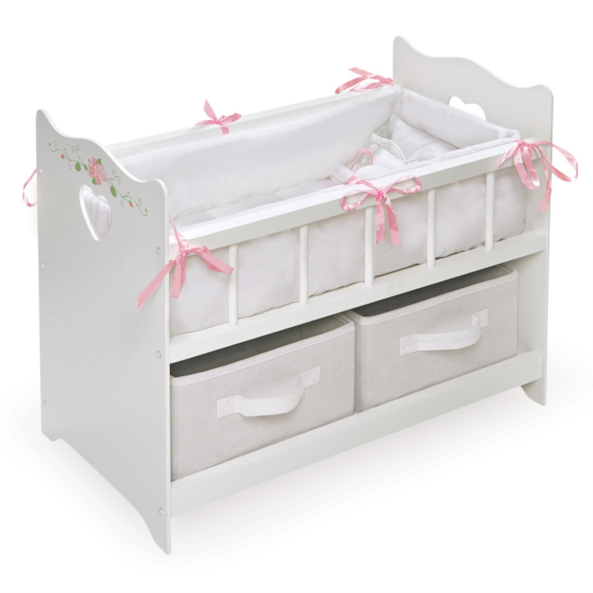 badger basket toy doll bed with white bedding, storage baskets, and personalization kit for 20 inch dolls - white rose