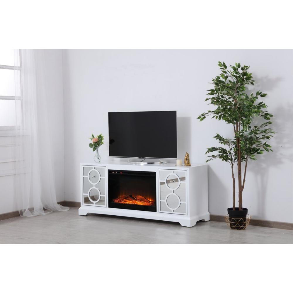 Elegant Decor 60 in. mirrored TV stand with wood fireplace insert in white