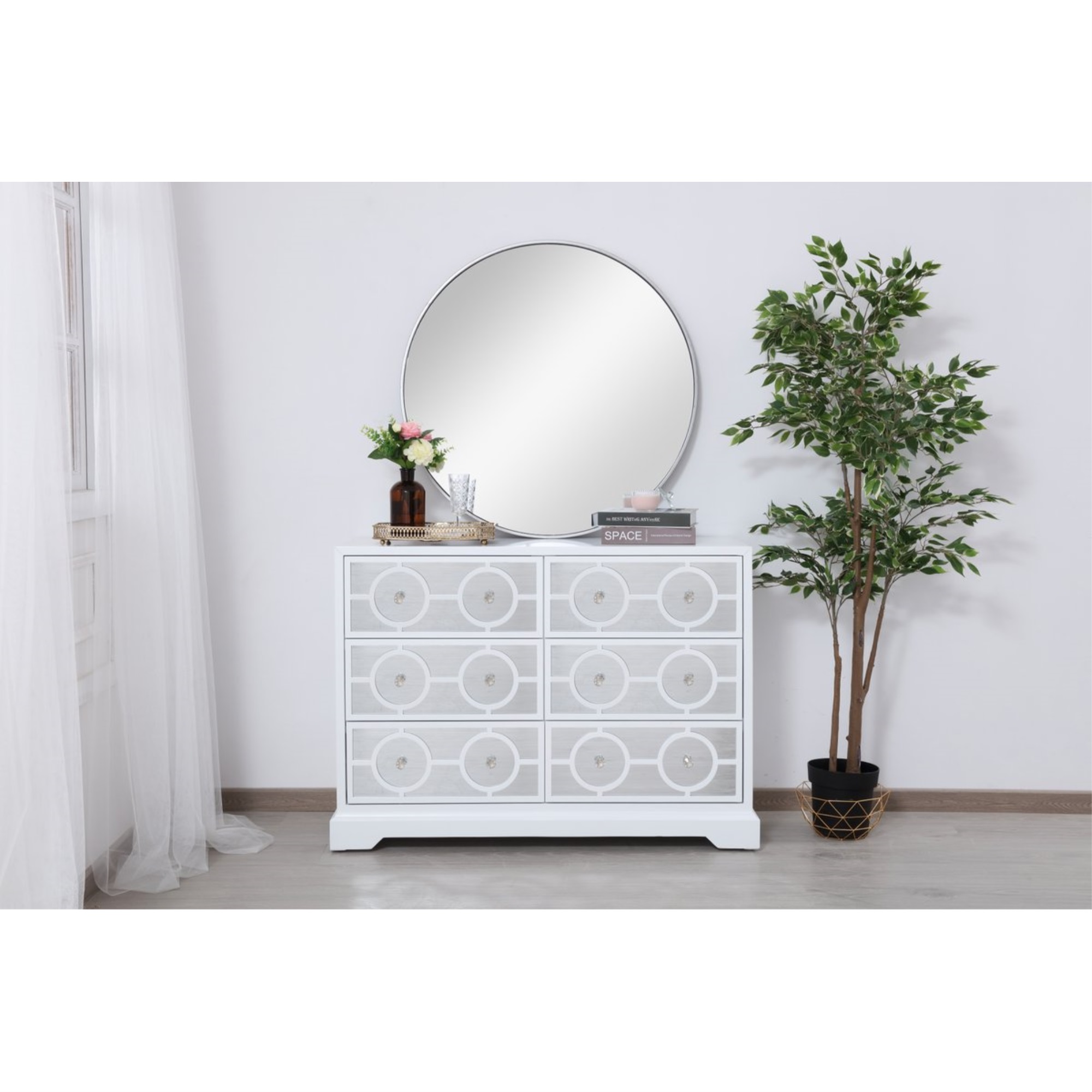 Elegant Decor 48 in. mirrored six drawer cabinet in white
