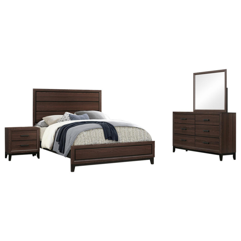 Pilaster Designs Asheville 4 Piece Bedroom Set, Queen, Brown Wood, Modern (Panel Bed, Dresser, Mirror, 1 Nightstand)