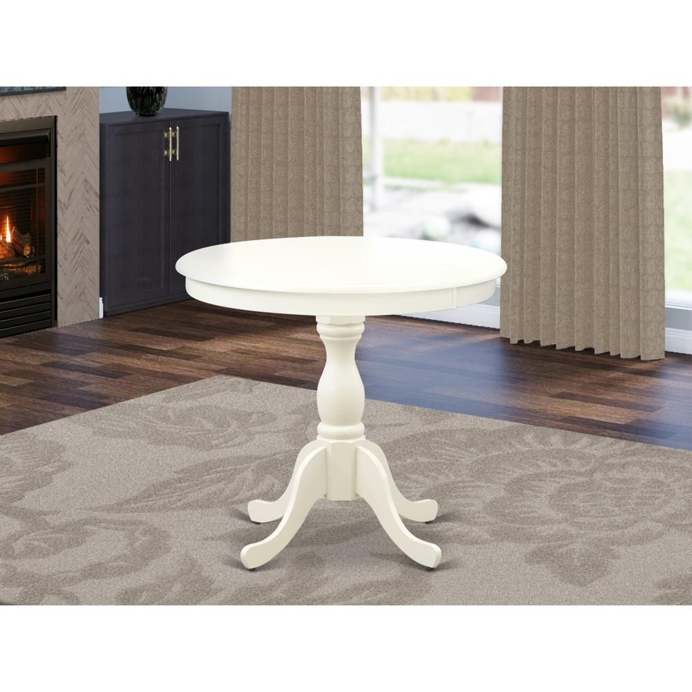 East West Furniture Round Modern Dining Table Linen White Color Table Top Surface and Asian Wood Round Dining Table Pedestal L