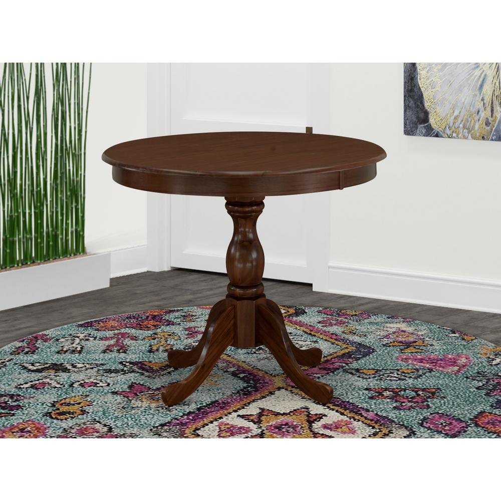 East West Furniture Round wood table Mahogany Color Table Top Surface and Asian Wood Round dining table Pedestal Legs -Mahogan