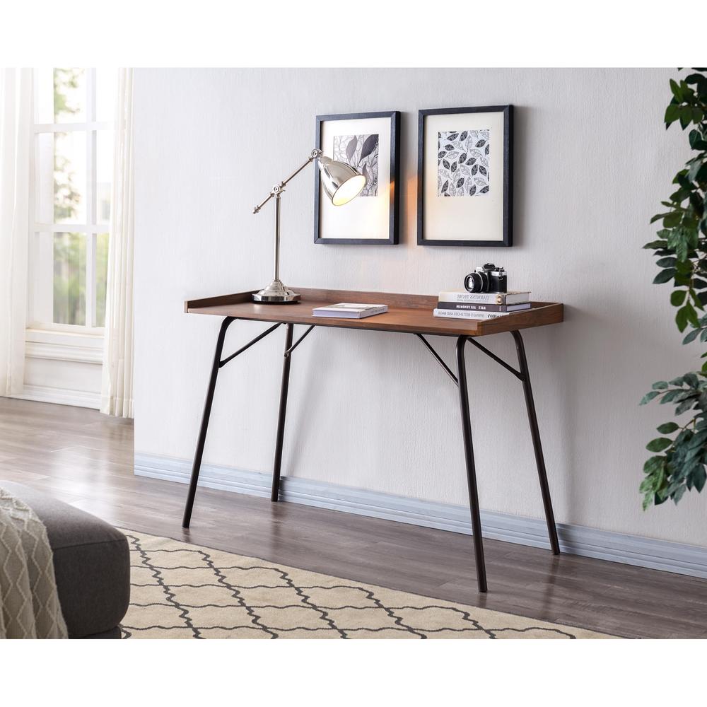 Pilaster Designs Fusion Home Office Writing Computer Desk, Walnut Wood & Bronze Metal, Industrial Style