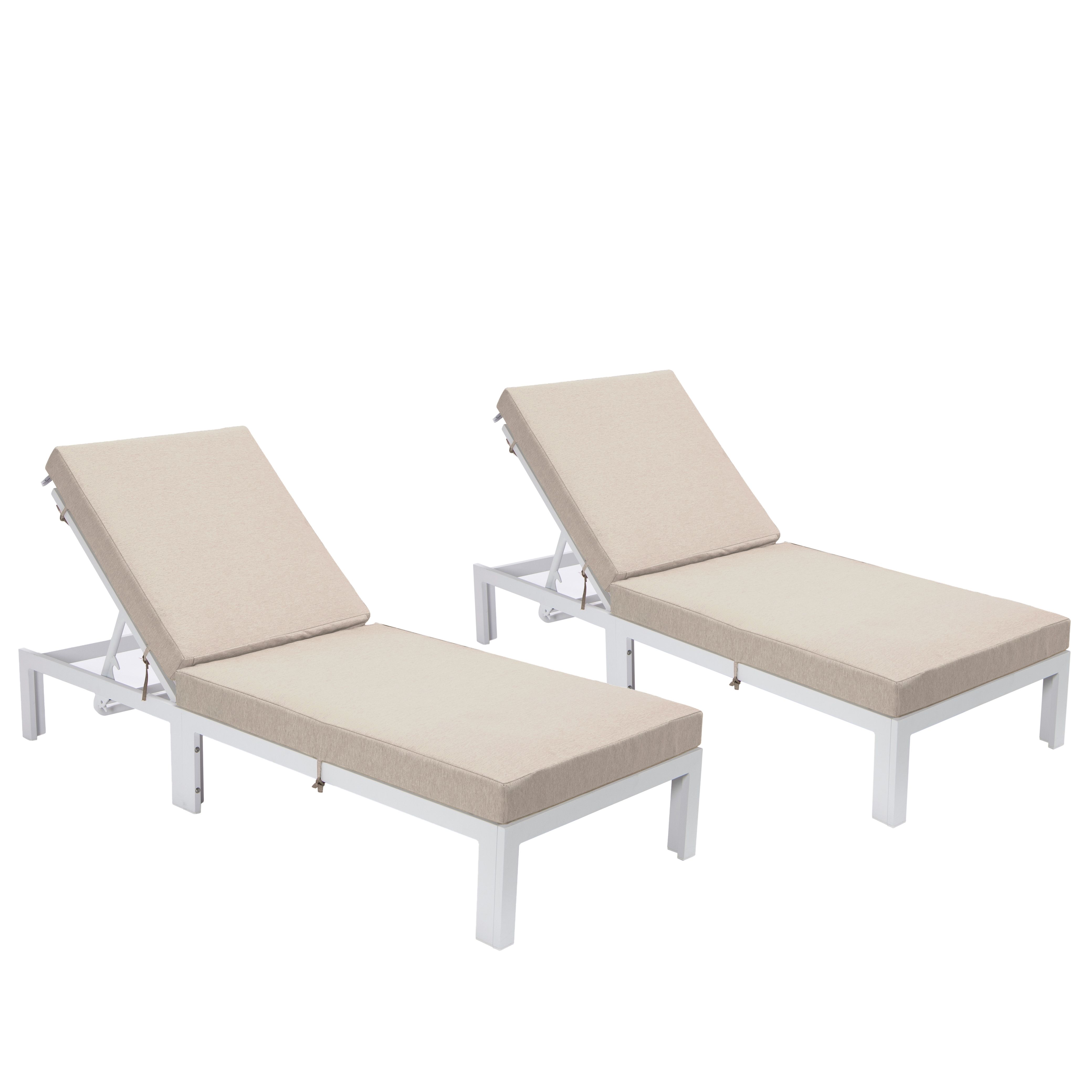 LeisureMod Chelsea Modern Outdoor White Chaise Lounge Chair With Cushions Set of 2 Beige