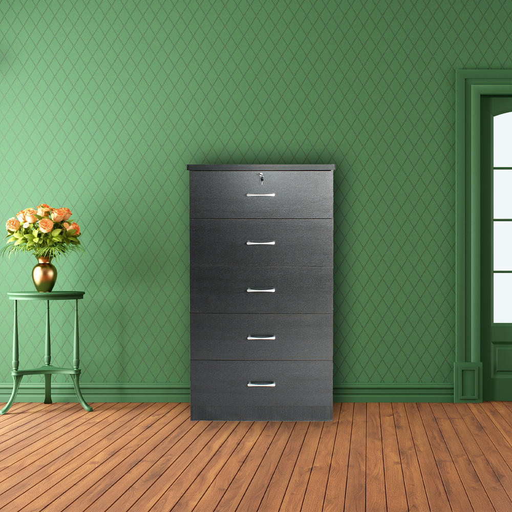 Better Homes Better Home Products Olivia Wooden Tall 5 Drawer Chest Bedroom Dresser in Black