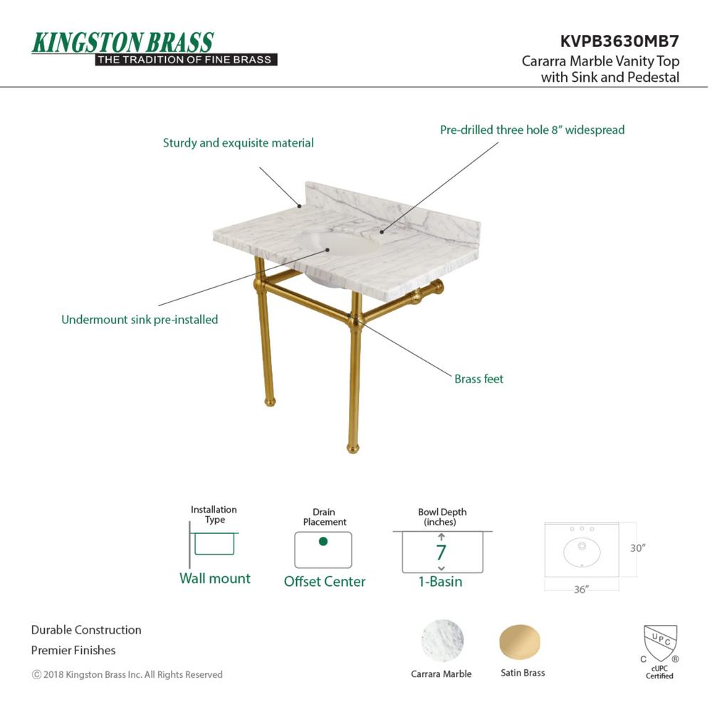 Fauceture Kingston Brass KVPB3630MB7 Templeton 36X22 Carrara Marble Vanity Top with Brass Feet Combo, Carrara Marble/Brushed Brass