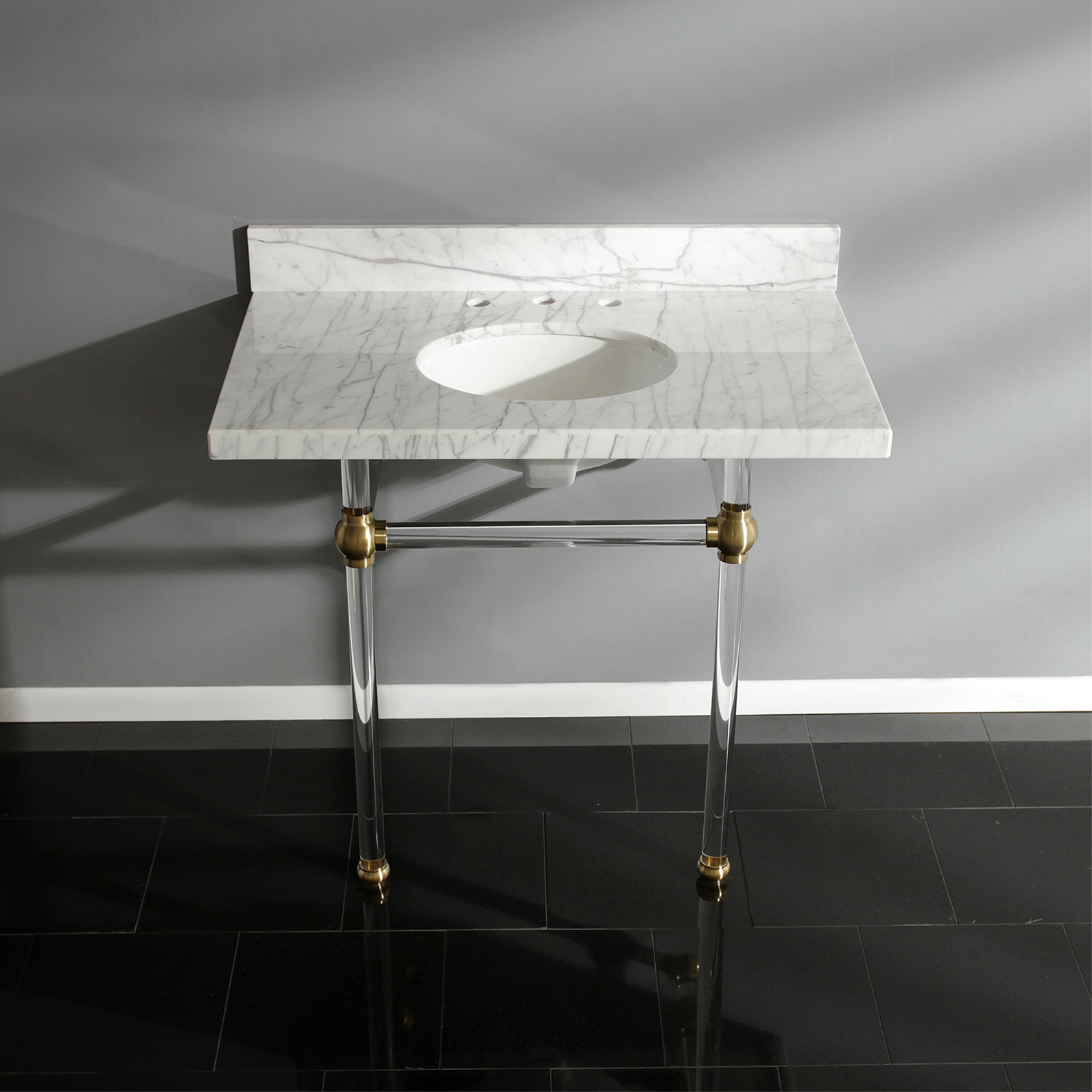 Fauceture KVPB3630MA7 Templeton 36X22 Carrara Marble Vanity Top with Clear Acrylic Feet Combo, Carrara Marble/Brushed Brass