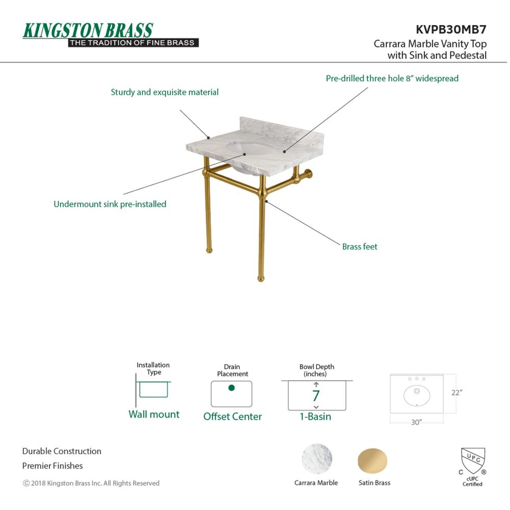 Fauceture Kingston Brass KVPB30MB7 Templeton 30X22 Carrara Marble Vanity Top with Brass Feet Combo, Carrara Marble/Brushed Brass