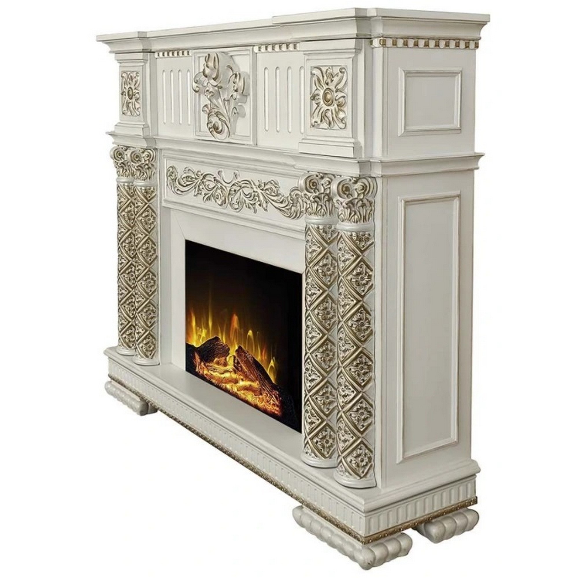 Benjara Jess 59 Inch Classical Electric Fireplace, Carved, Remote, Pearl White