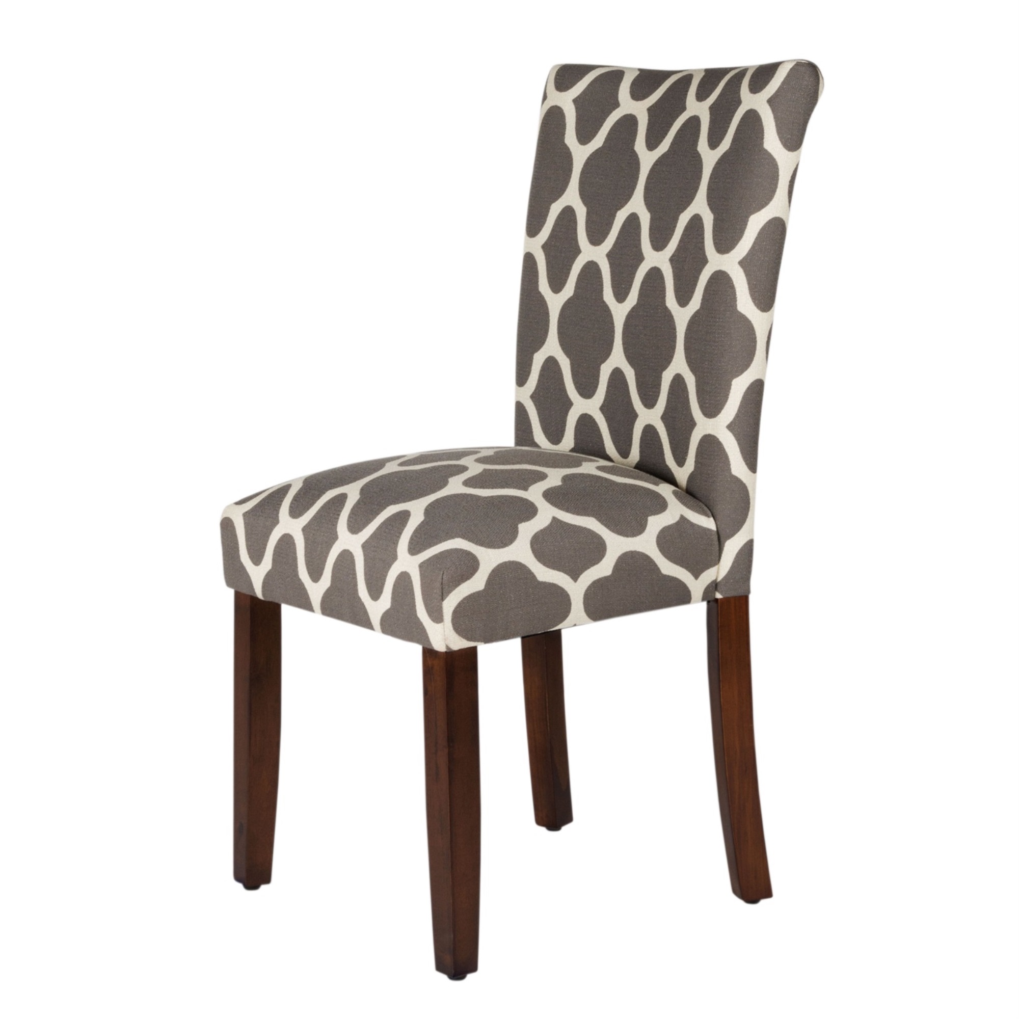 Benjara BM195007 Wooden Parson Dining Chair with Quatrefoil Pattern Fabric Upholstery&#44; Gray & White - Set of 2
