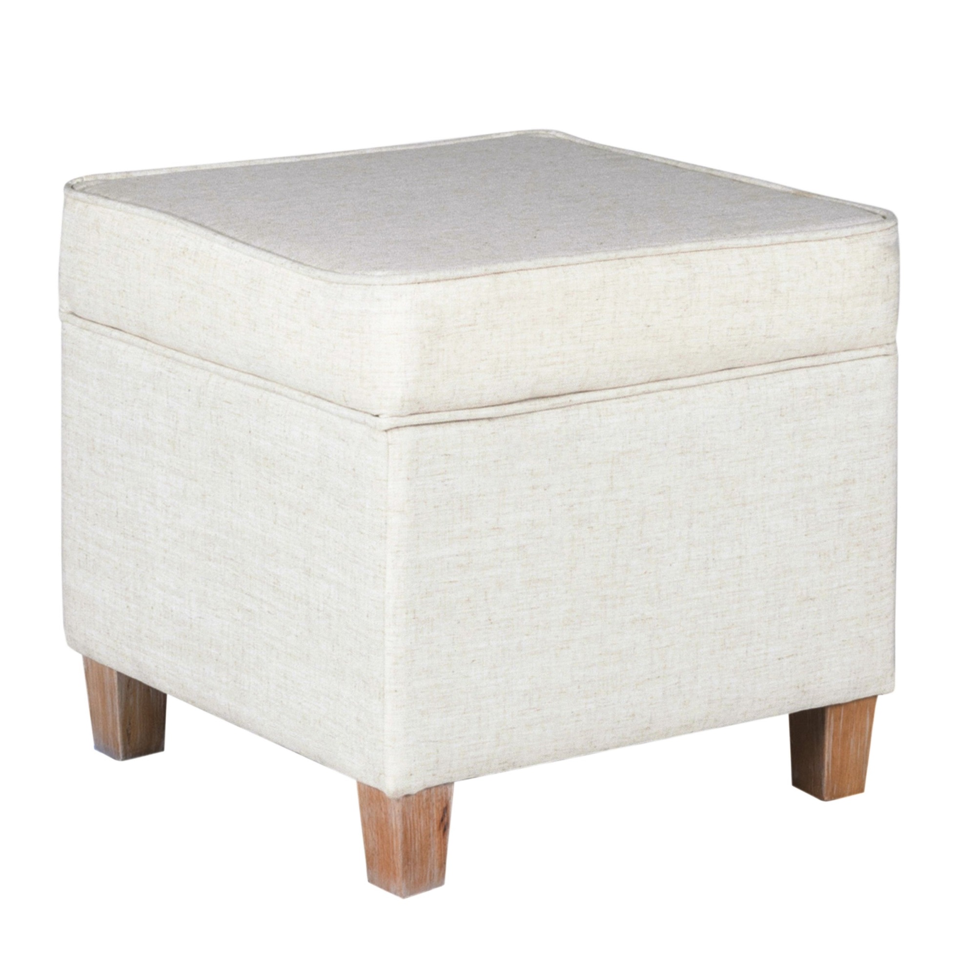 Benjara Square Shape Fabric Upholstered Ottoman with Lift Off Top and Wooden Tapered Feet, White and Brown