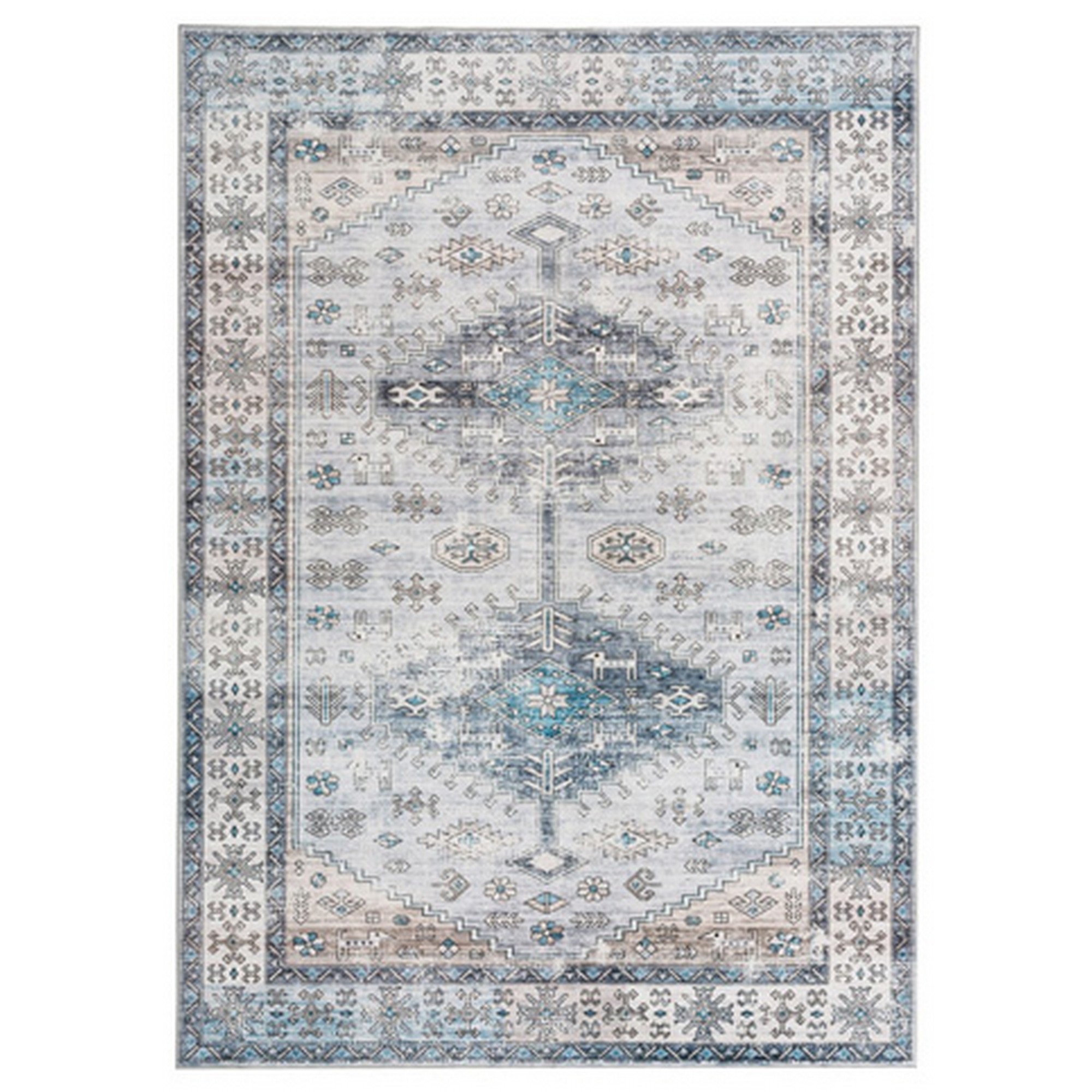 Benjara Nyx 10 x 8 Large Soft Fabric Floor Area Rug, Vintage Blue Border Design