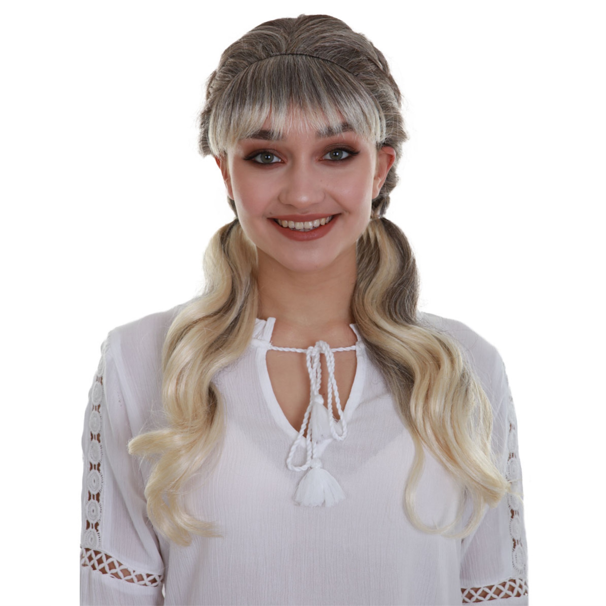 Banana Costumes HPO Adult Womens Blonde Color Straight Medium Length Pigtails Trendy Sassy School Girl Wig
