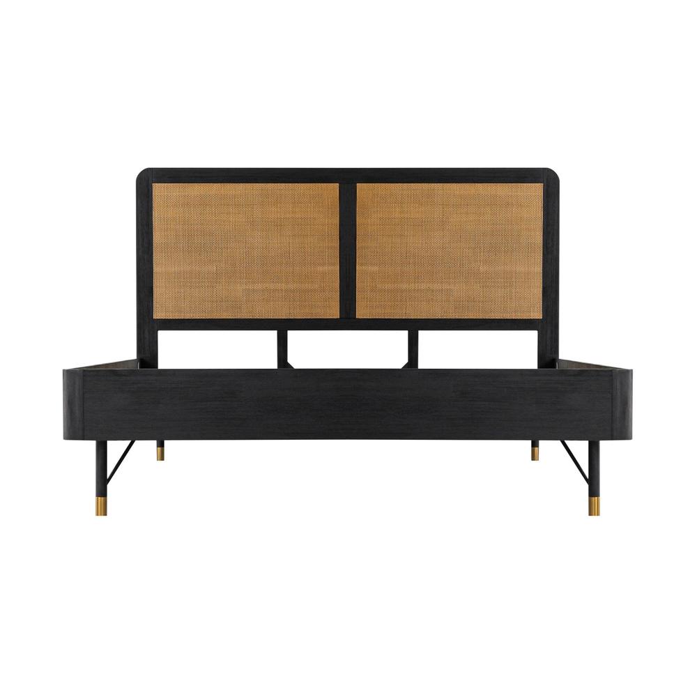 Benjara Theo Acacia Wood Platform King Bed with Rattan Headboard, Black