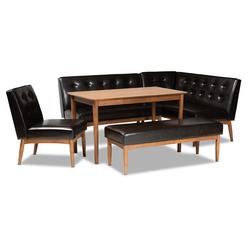 Baxton Studio BBT8051-Dark Brown-Walnut-5PC Dining Nook Set Arvid Mid-Century Modern Faux Upholstered Leather Wood Dining Nook Set&#44; Dark B