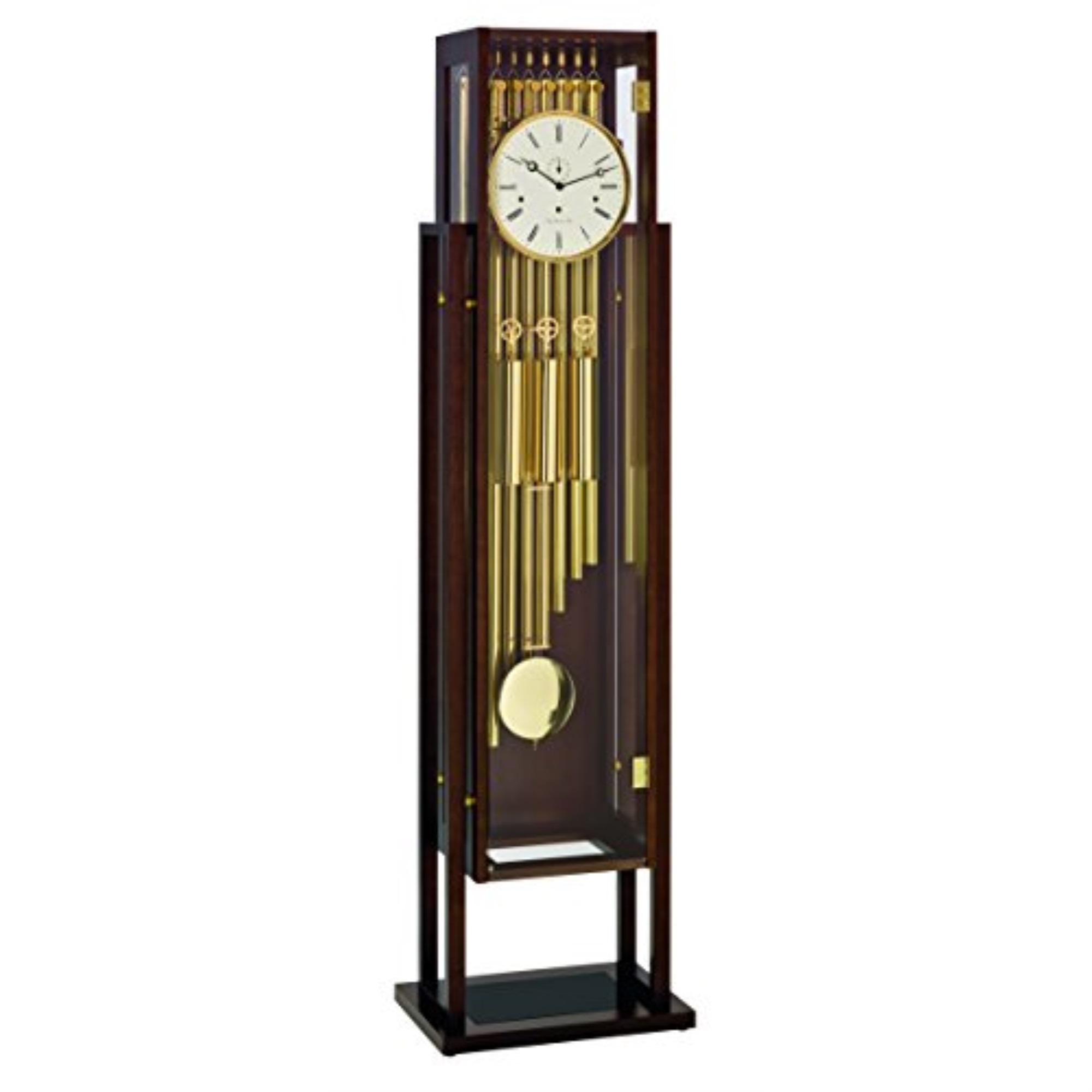 Hermle ESSEX, Ultra-modern glass sided walnut case showcases the stunning 8 day, triple chime, tubular movement.