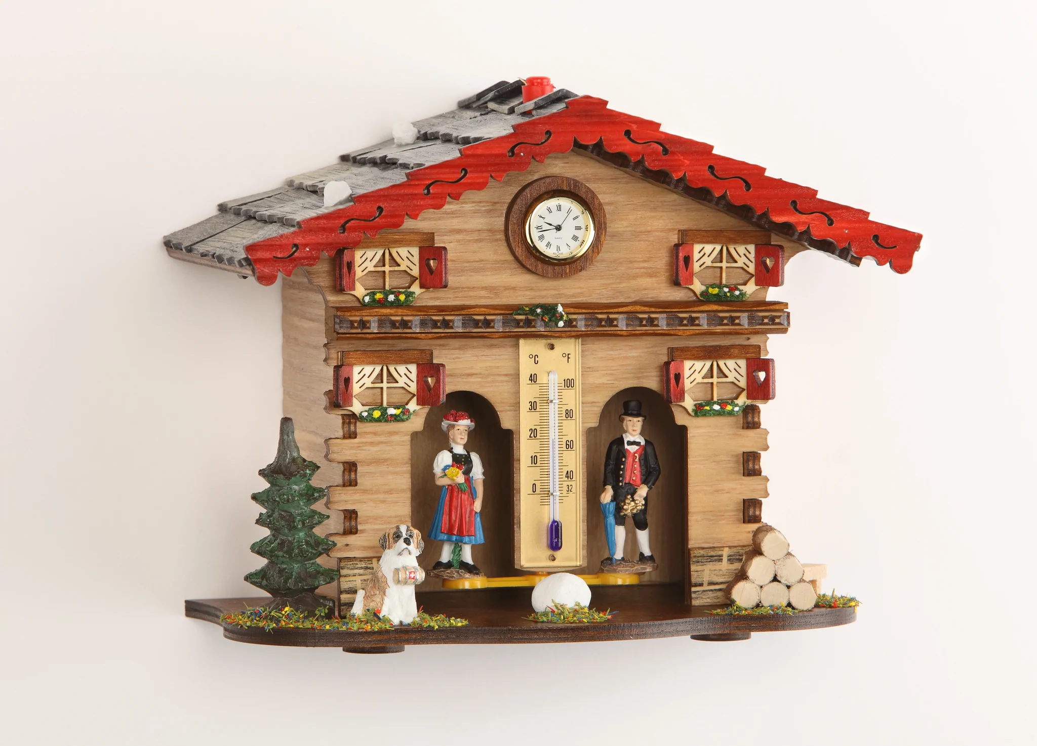 Hermle NUREMBERG, Chalet Style Weather Station with man, woman and dog figurines.  Quartz time only insert