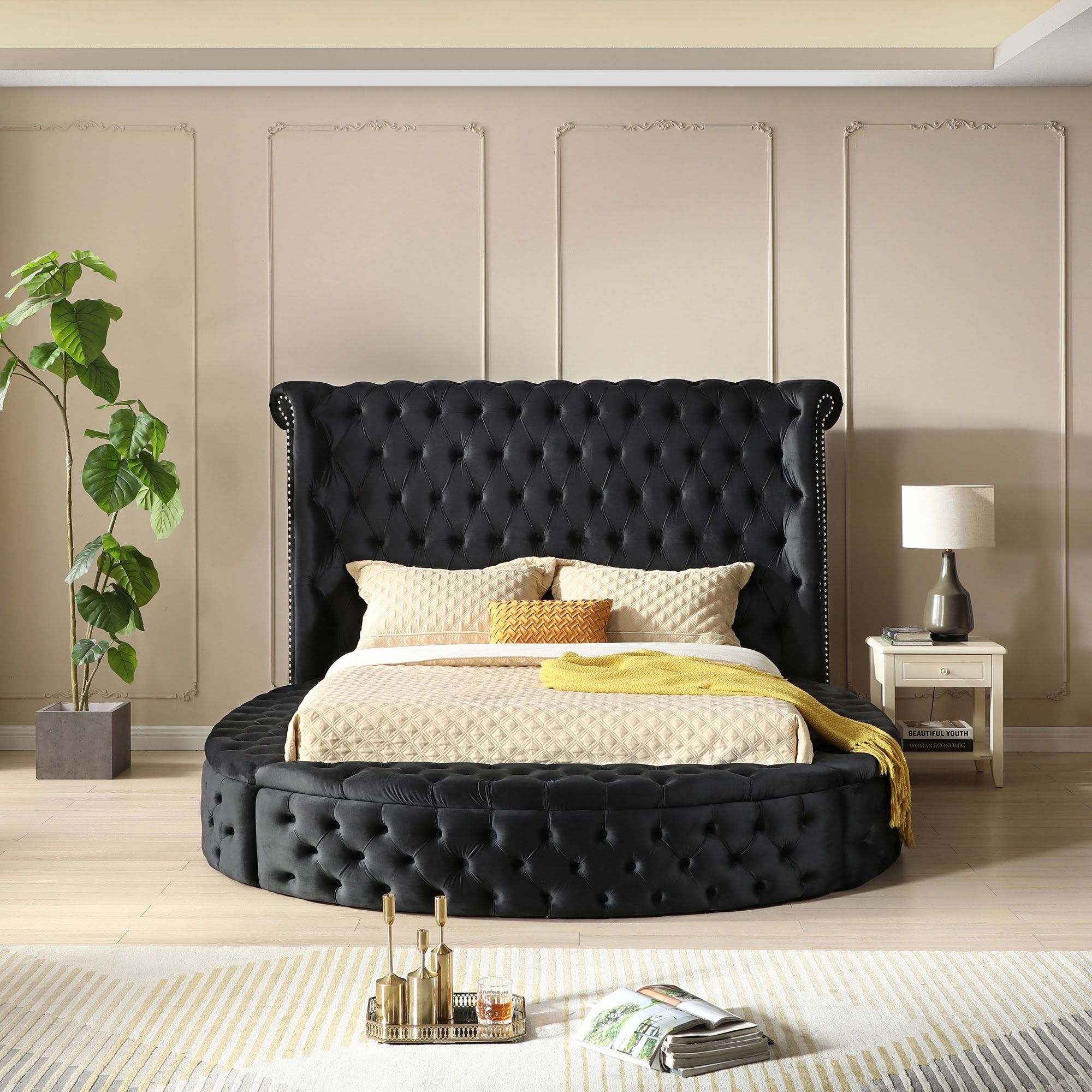 Better Homes Better Home Products Elizabeth Upholstered Round Storage King Bed in Black